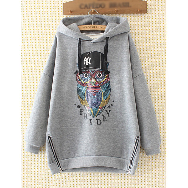 Fashion Gray Owl Pattern Decorated Hoodie