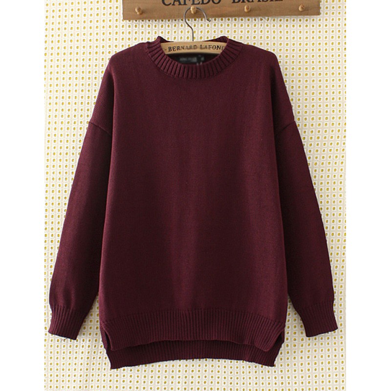 Elegant Claret-red Pure Color Decorated Sweater