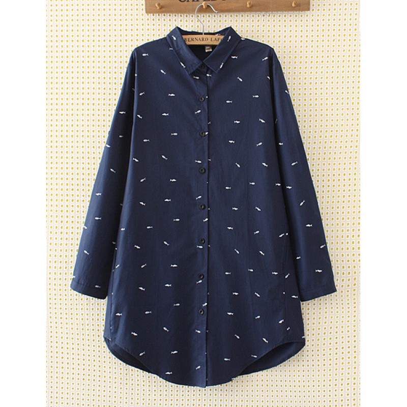 Elegant Navy Fish Shape Decorated Shirt