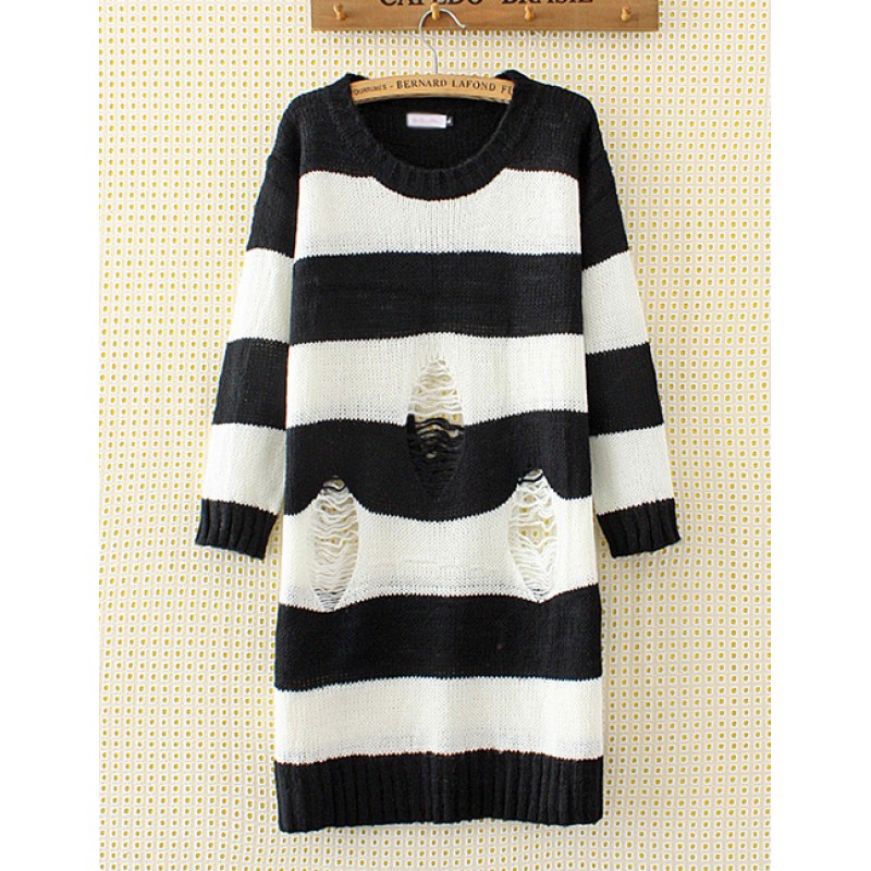 Personality White+black Hole Decorated Round Neckline Sweater