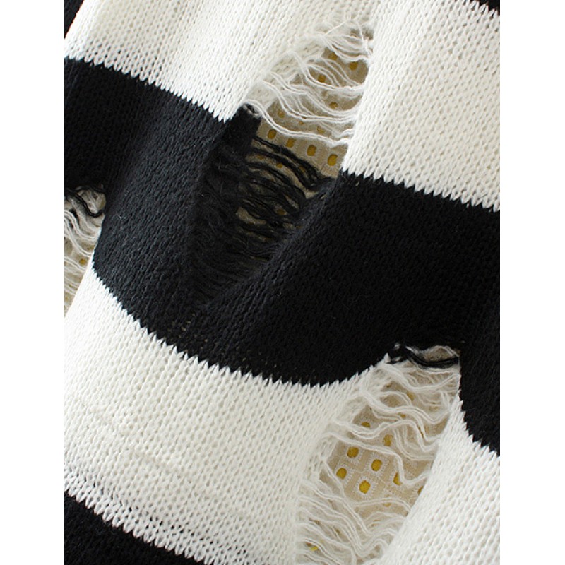 Personality White+black Hole Decorated Round Neckline Sweater