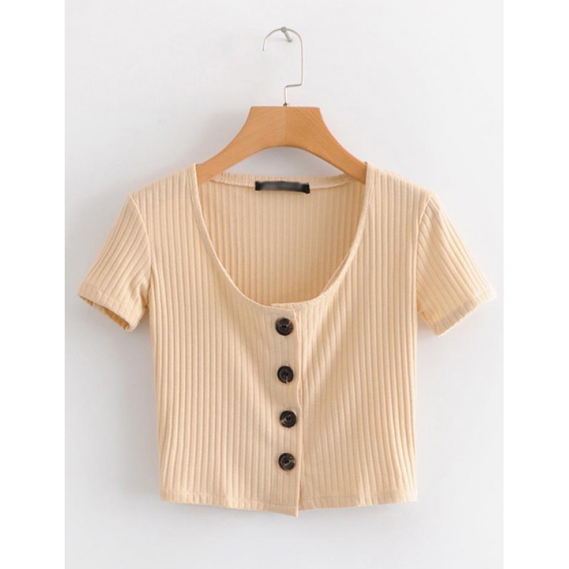 Fashion Beige Round Neckline Design Pure Color Blouse