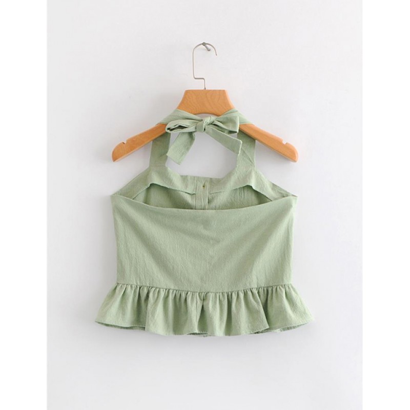 Fashion Light Green Buttons Decorated Pure Color Blouse