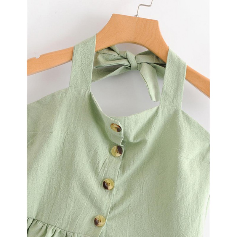 Fashion Light Green Buttons Decorated Pure Color Blouse