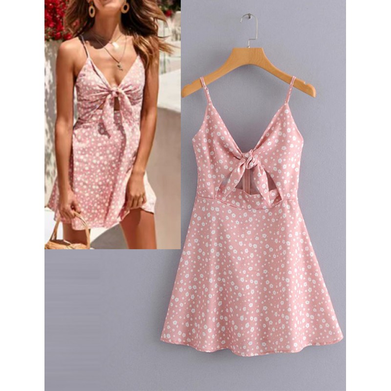 Fashion Pink Flowers Decorated Suspender Dress