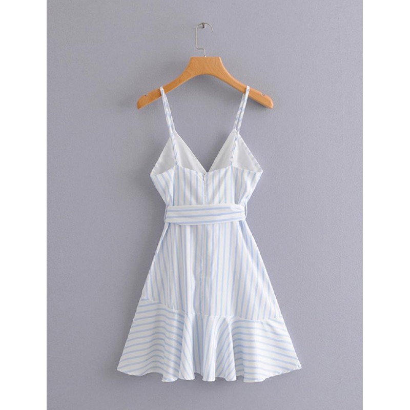 Fashion White Stripe Pattern Design V Neckline Dress