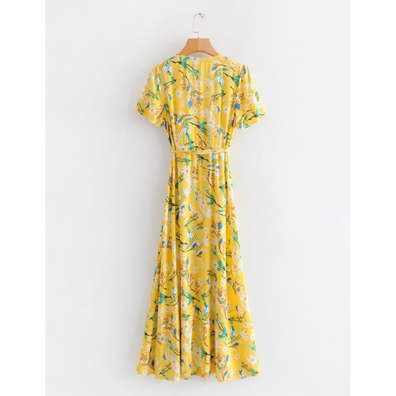 Fashion Yellow Flowers Decorated V Neckline Dress