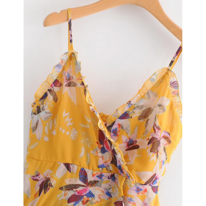 Fashion Yellow Flowers Decorated Suspender Dress