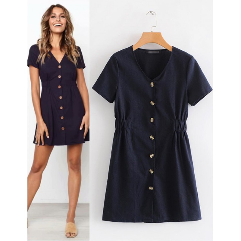 Fashion Navy Buttons Decorated Pure Color Dress