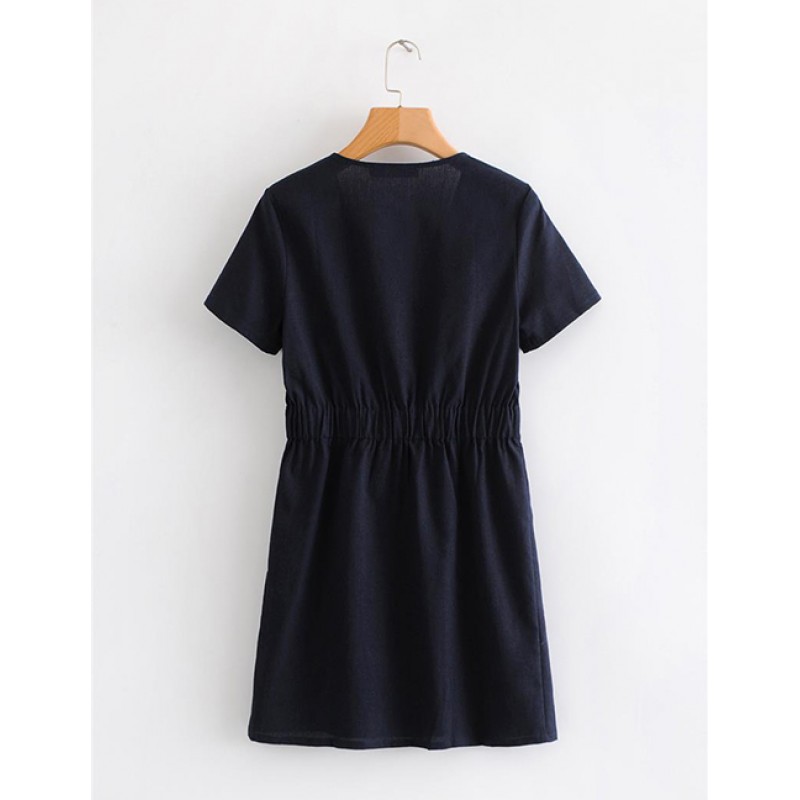 Fashion Navy Buttons Decorated Pure Color Dress