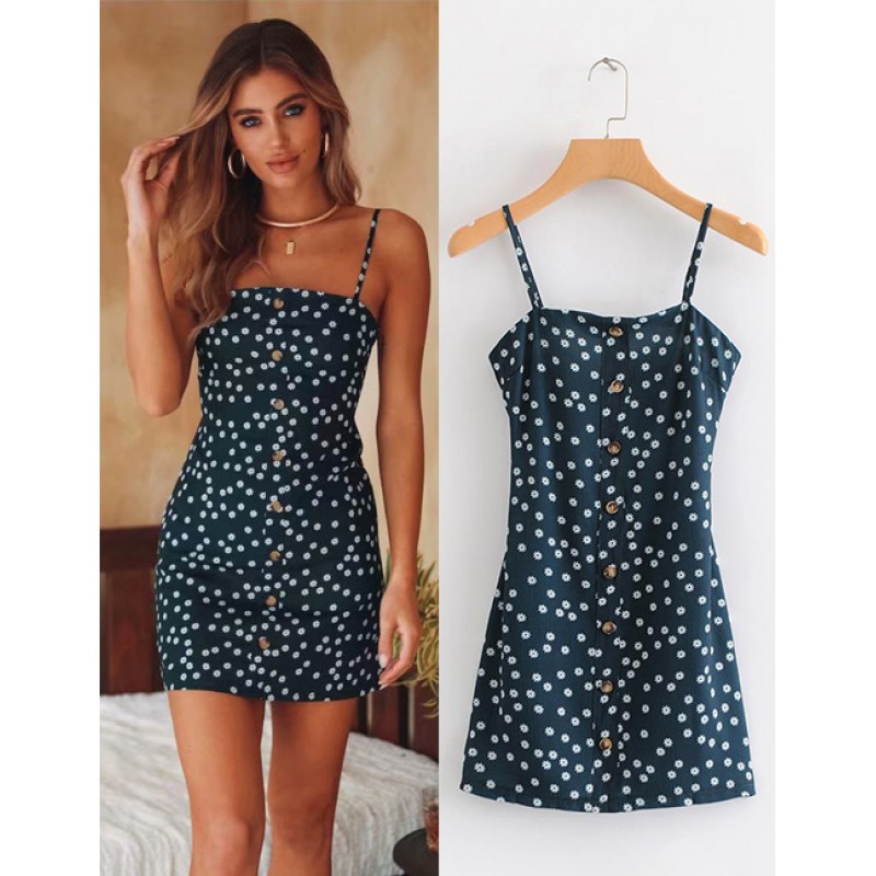 Fashion Navy Flowers Decorated Suspender Dress