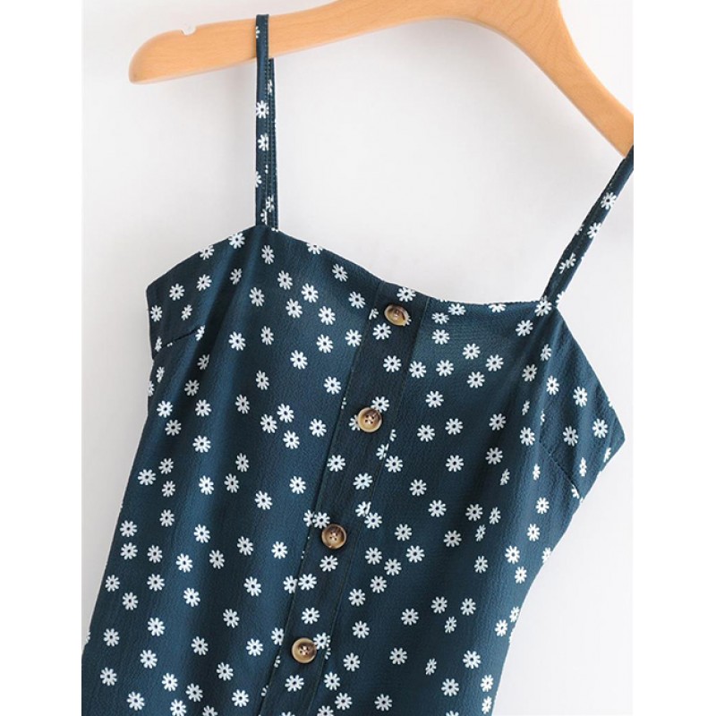 Fashion Navy Flowers Decorated Suspender Dress