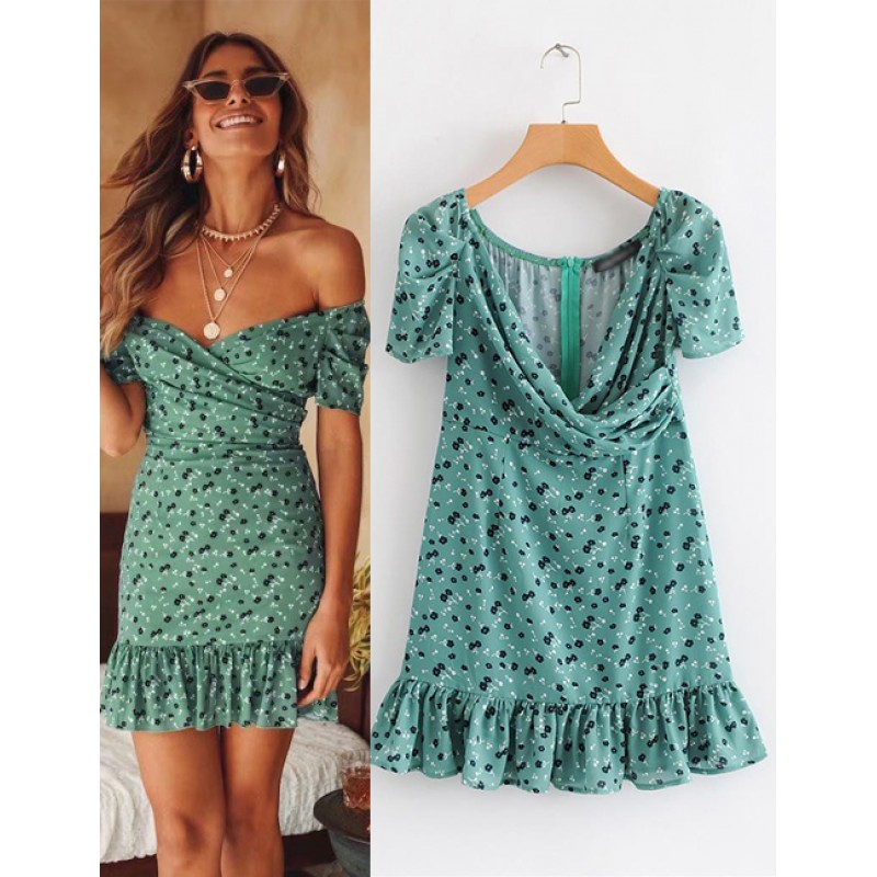 Fashion Green Flowers Decorated V Neckline Dress