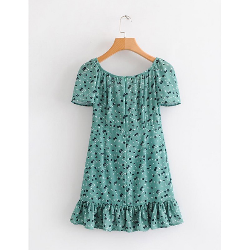 Fashion Green Flowers Decorated V Neckline Dress