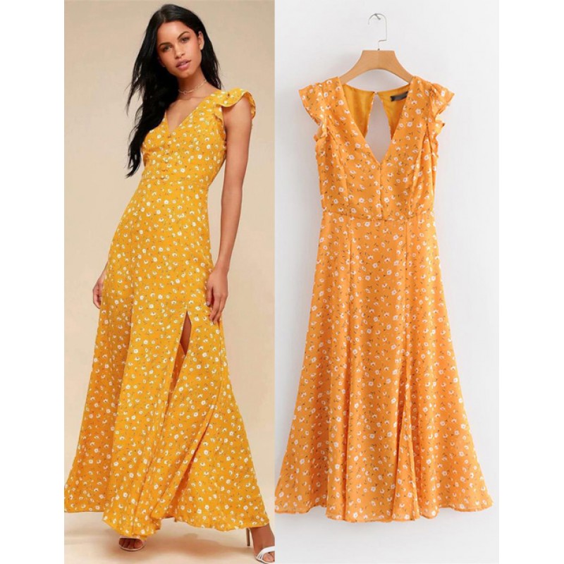 Fashion Yellow V Neckline Design Flower Pattern Dress