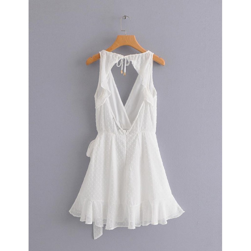 Fashion White V Neckline Design Pure Color Dress