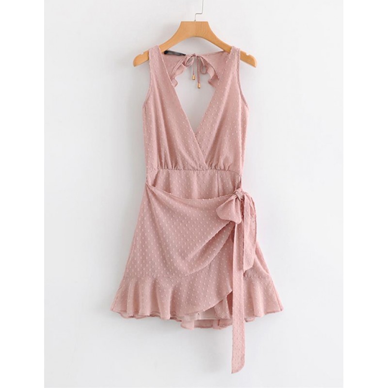 Fashion Pink V Neckline Design Pure Color Dress