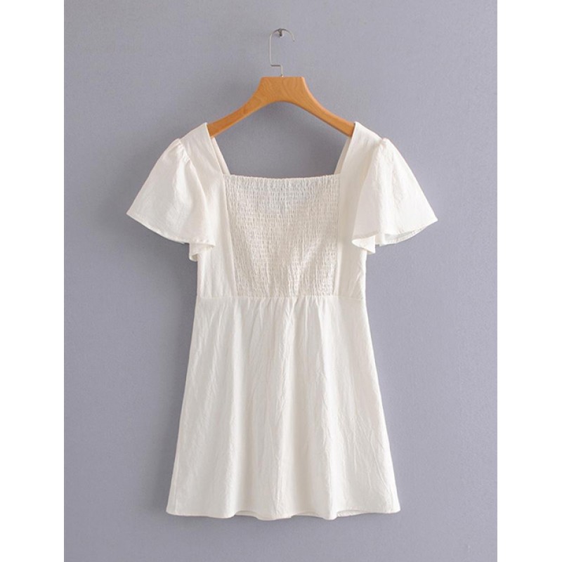 Fashion White Buttons Decorated Pure Color Dress