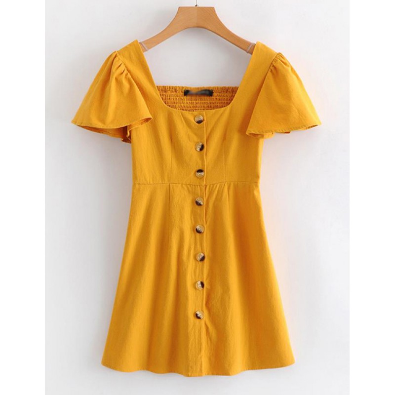 Fashion Yellow Buttons Decorated Pure Color Dress