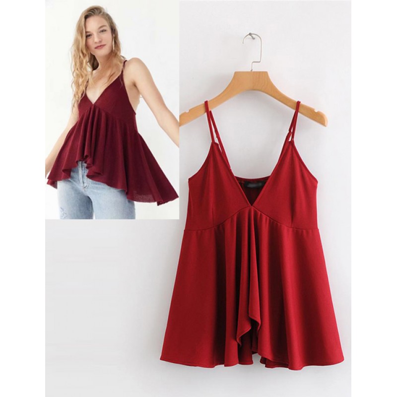 Fashion Claret Red Pure Color Design V Neckline Blouse