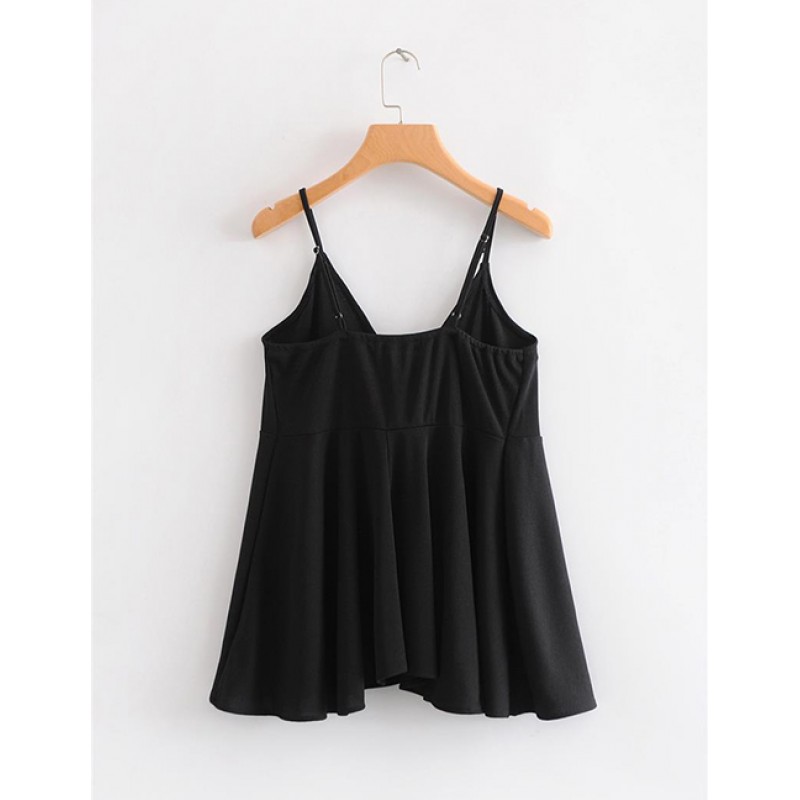 Fashion Black Pure Color Design V Neckline Blouse