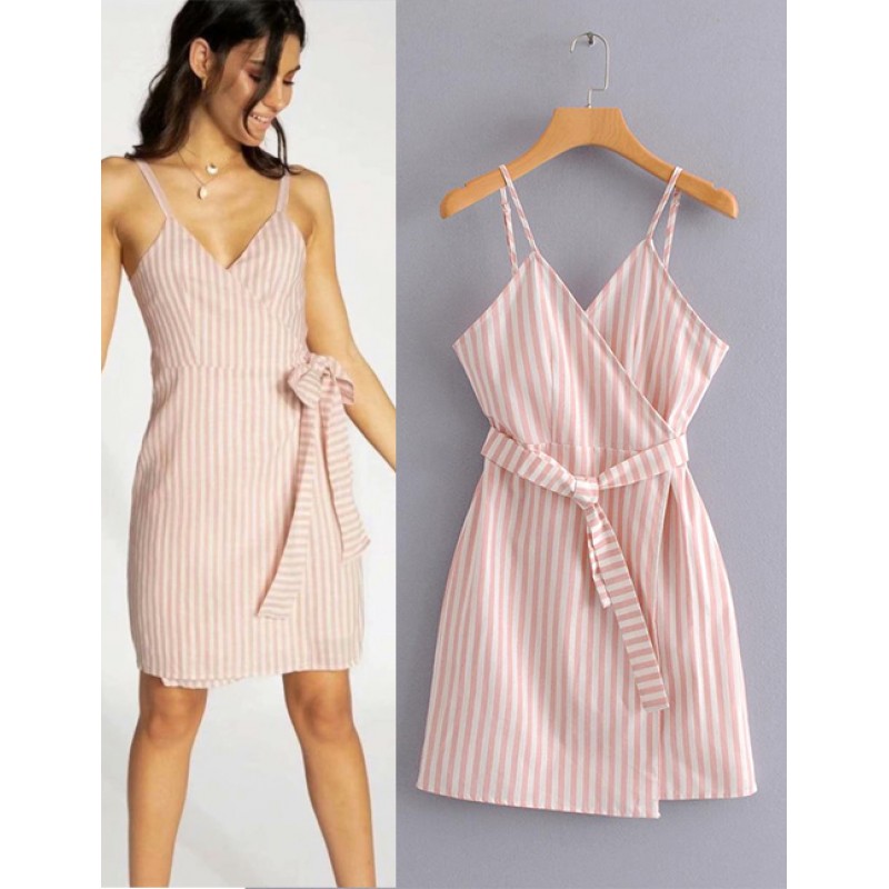 Fashion Pink Stripe Pattern Decorated Suspender Dress