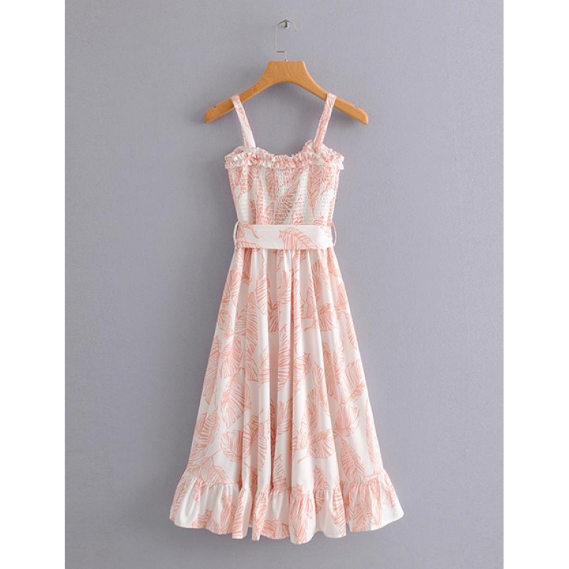 Fashion Pink Leaf Pattern Decorated Suspender Dress