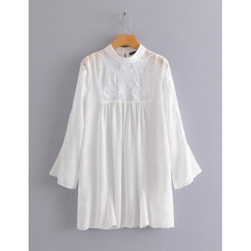 Fashion White Pure Color Design Long Sleeves Dress