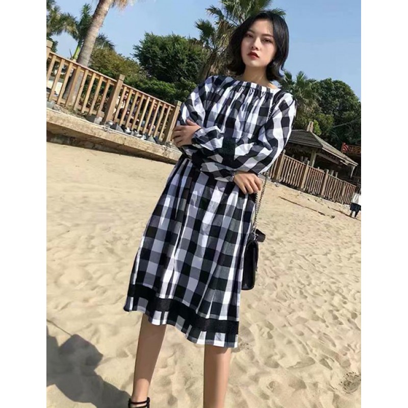 Fashion Black Grid Pattern Decorated Long Sleeves Dress