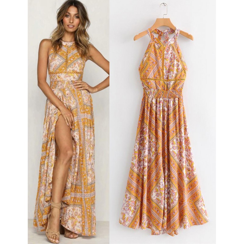 Fashion Yellow Off-the-shoulder Design Long Dress