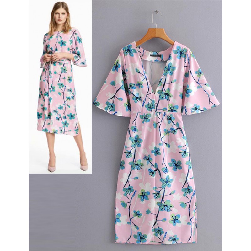 Fashion Pink V Neckline Design Flower Pattern Dress