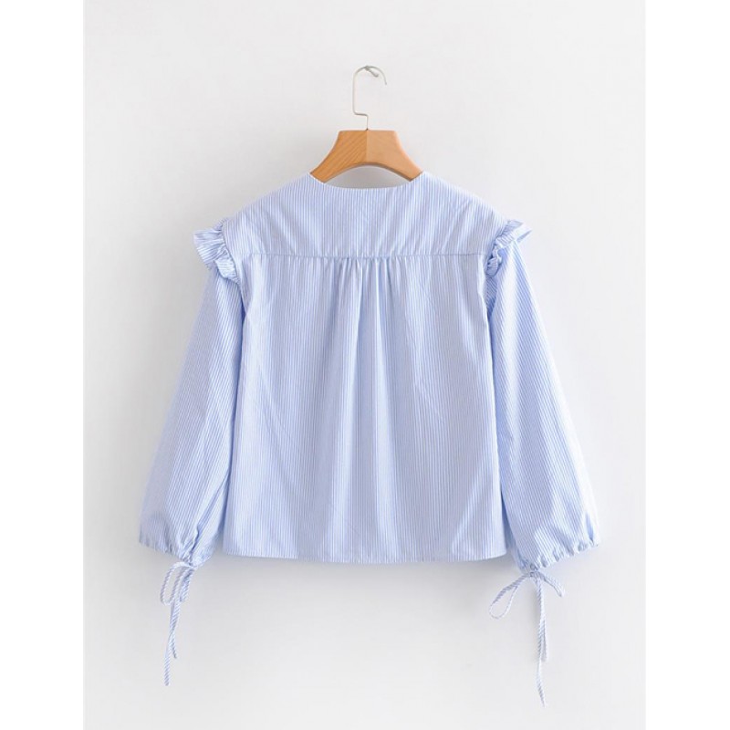 Fashion Blue Stripe Pattern Design V Neckline Shirt