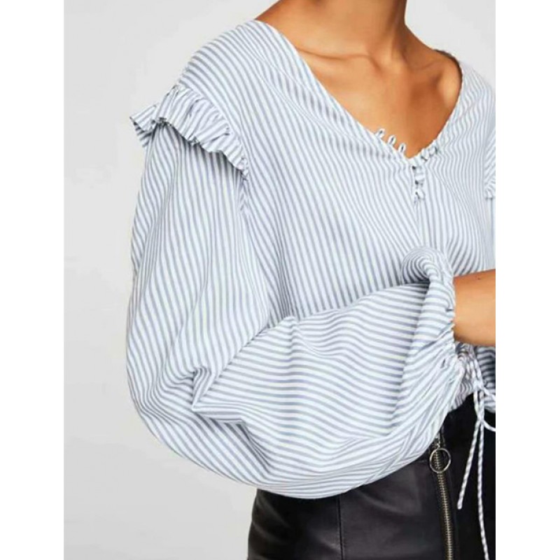 Fashion Blue Stripe Pattern Design V Neckline Shirt