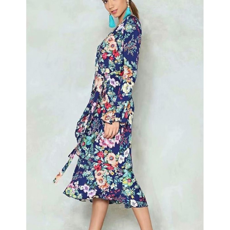 Fashion Blue V Neckline Design Flower Pattern Dress