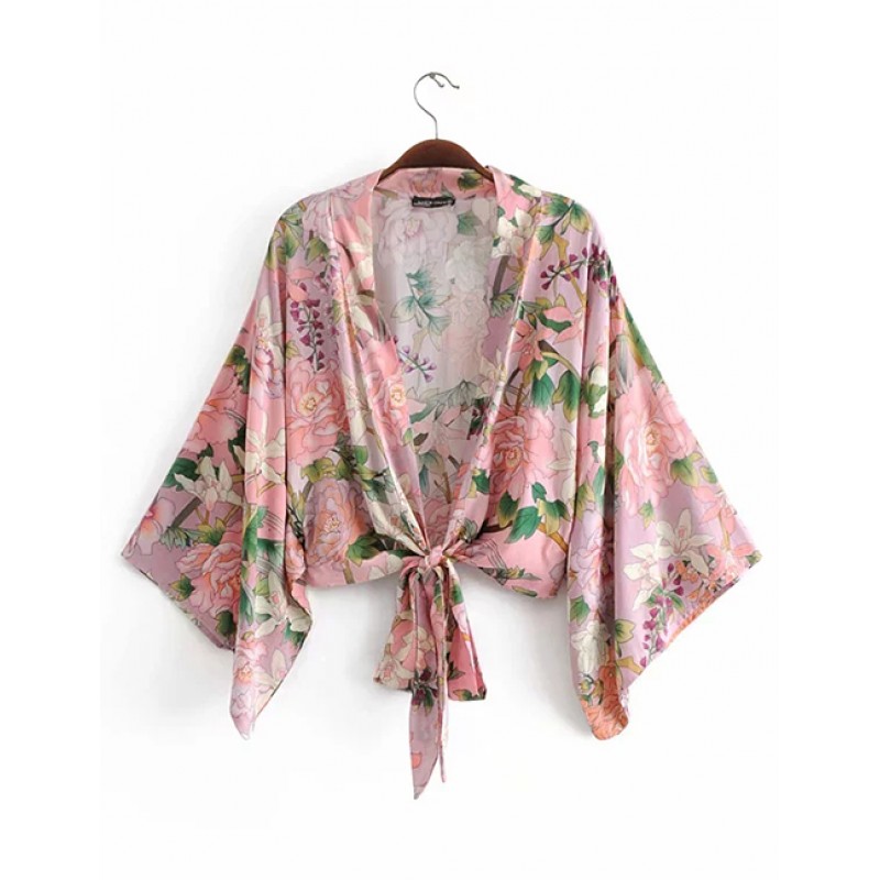 Fashion Pink Flowers Decorated V Neckline Kimono