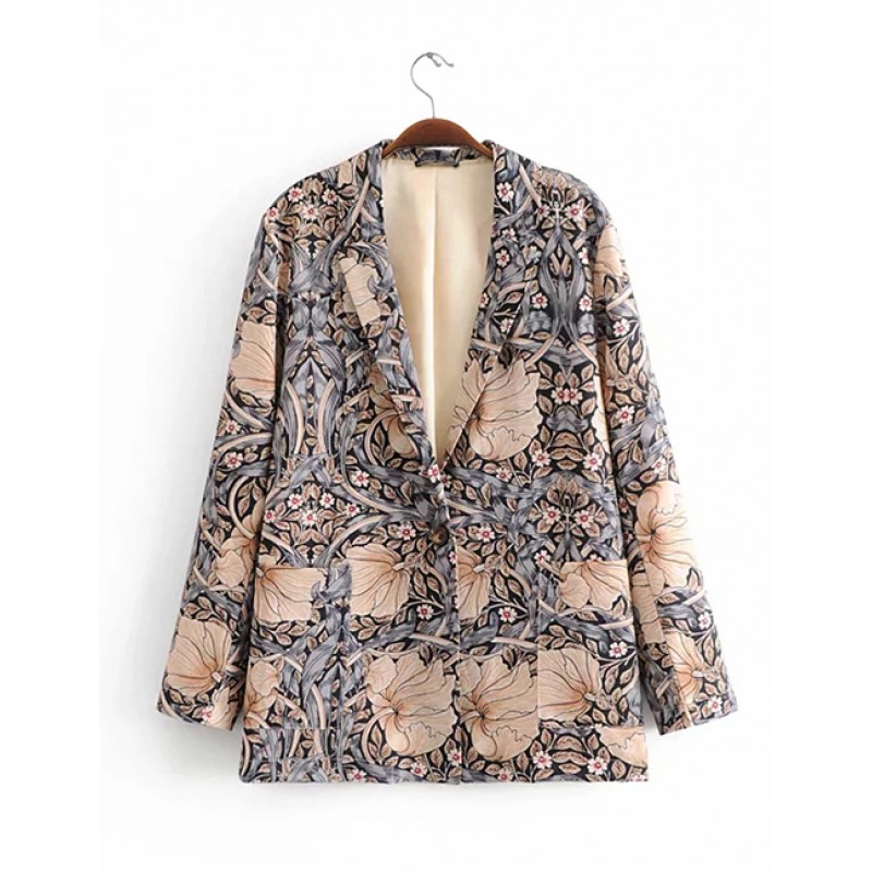 Fashion Multi-color Flowers Decorated V Neckline Coat