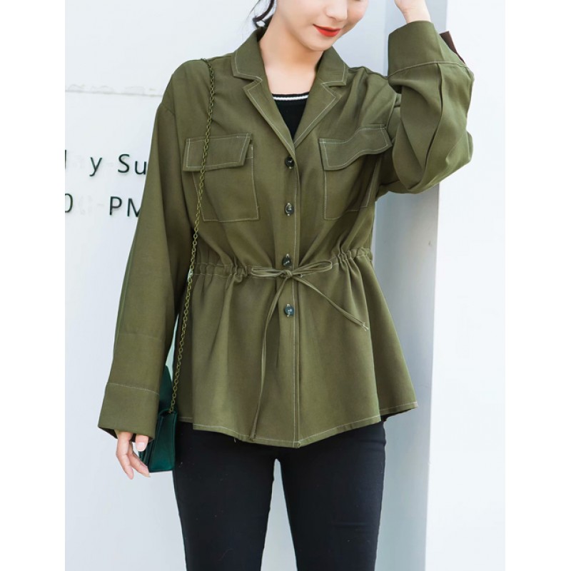 Fashion Olive V Neckline Design Pure Color Coat