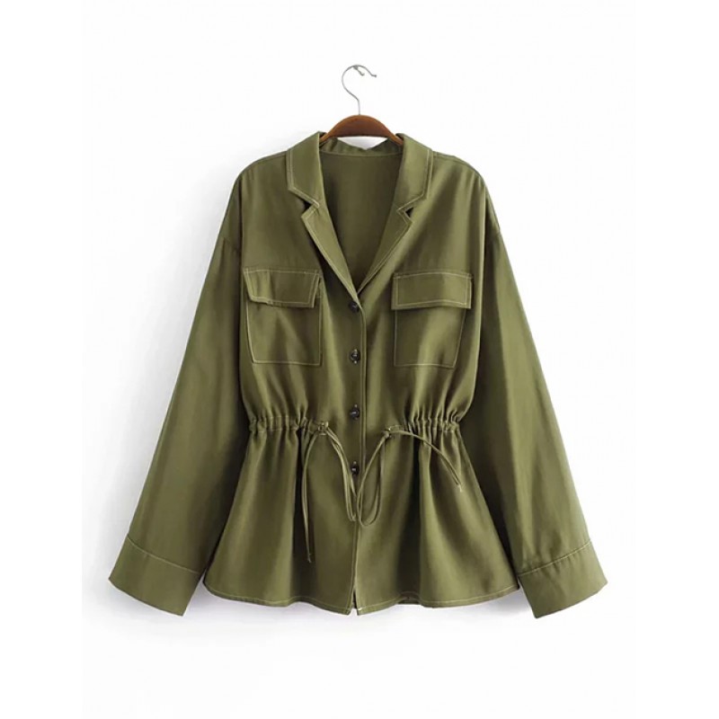 Fashion Olive V Neckline Design Pure Color Coat