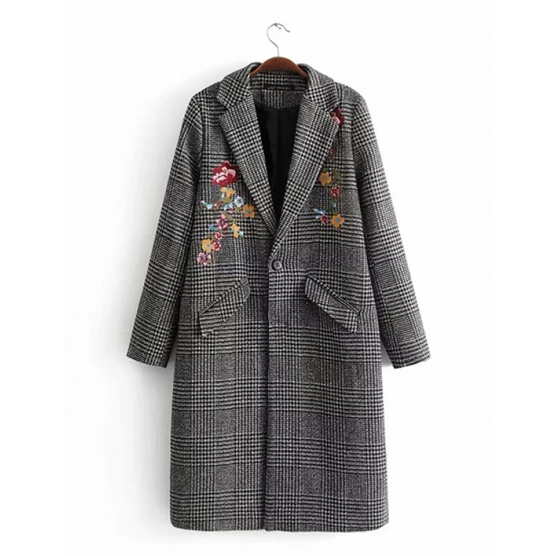 Fashion Gray Embroidery Flower Decoraterd Overcoat