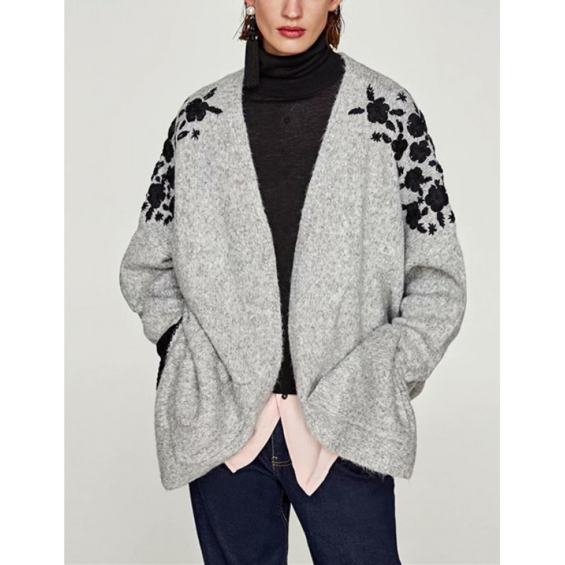 Fashion Gray Flower Pattern Decorated Coat