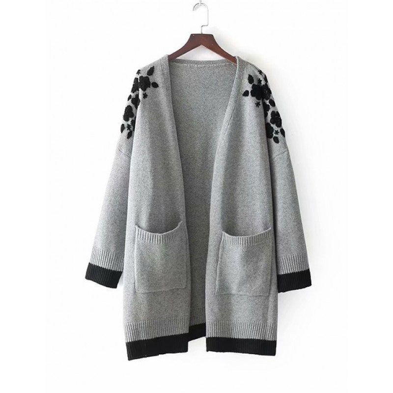 Fashion Gray Flower Pattern Decorated Coat