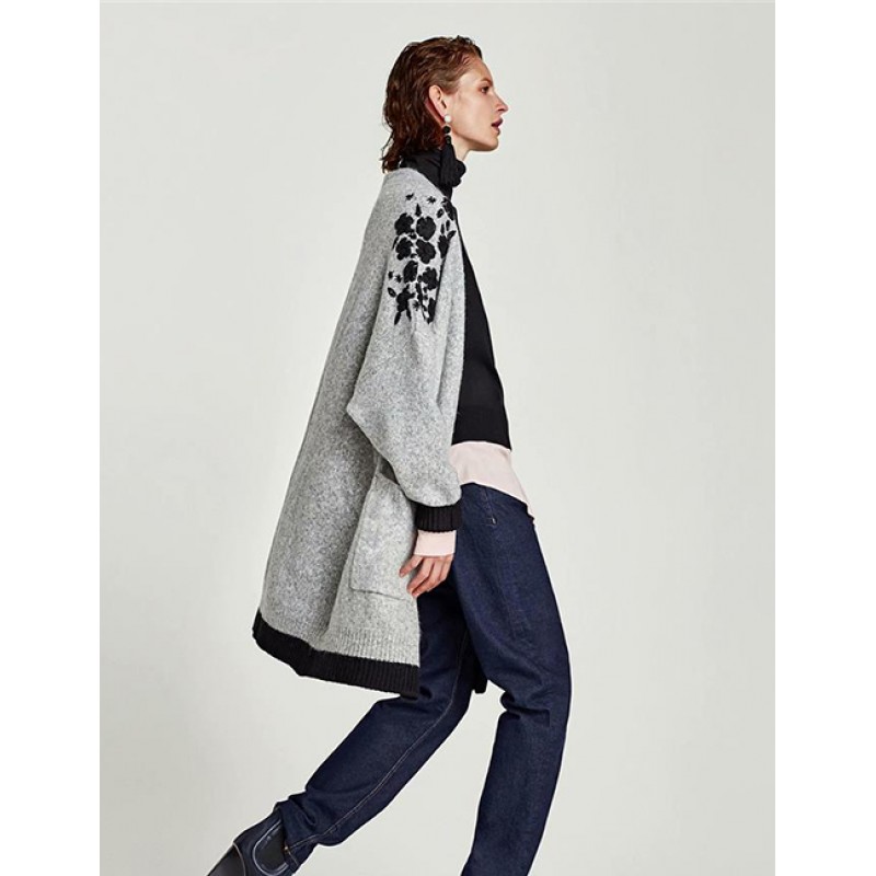 Fashion Gray Flower Pattern Decorated Coat