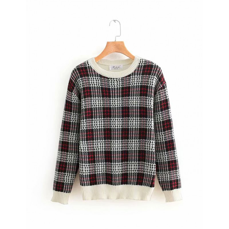 Fashion Red Grid Pattern Decorated Sweater