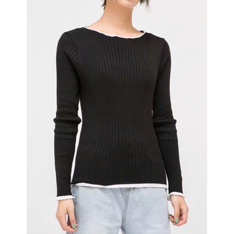 Fashion Black Off Shoulder Design Pure Color Sweater