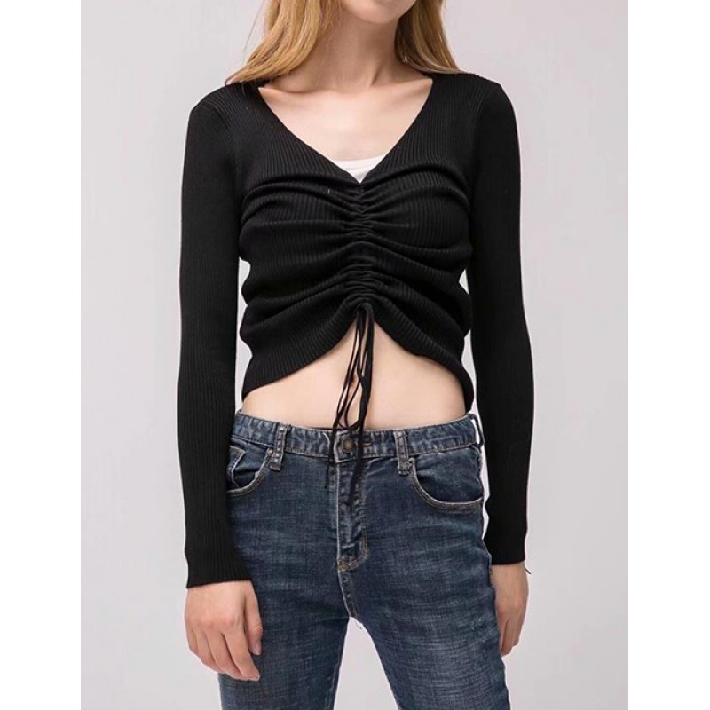 Fashion Black V Neckline Design Pure Color Sweater