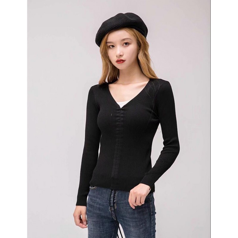 Fashion Black V Neckline Design Pure Color Sweater