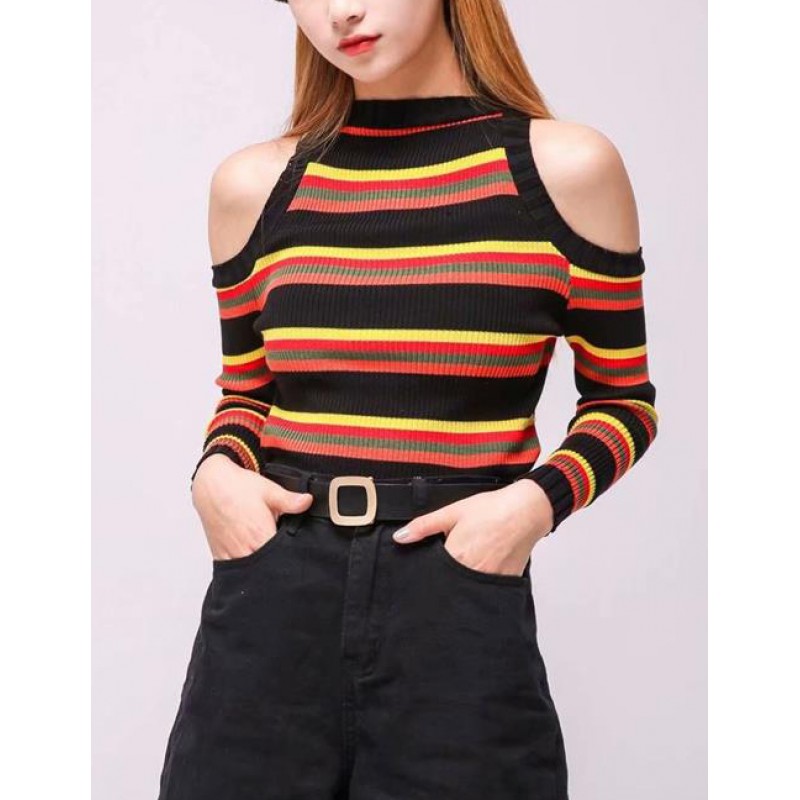 Fashion Yellow Stripe Pattern Decorated Sweater