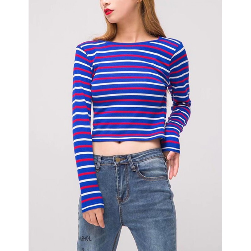 Fashion Blue Stripe Pattern Decorated Sweater