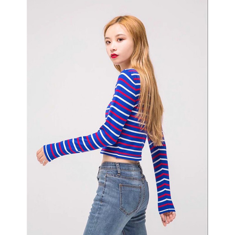 Fashion Blue Stripe Pattern Decorated Sweater