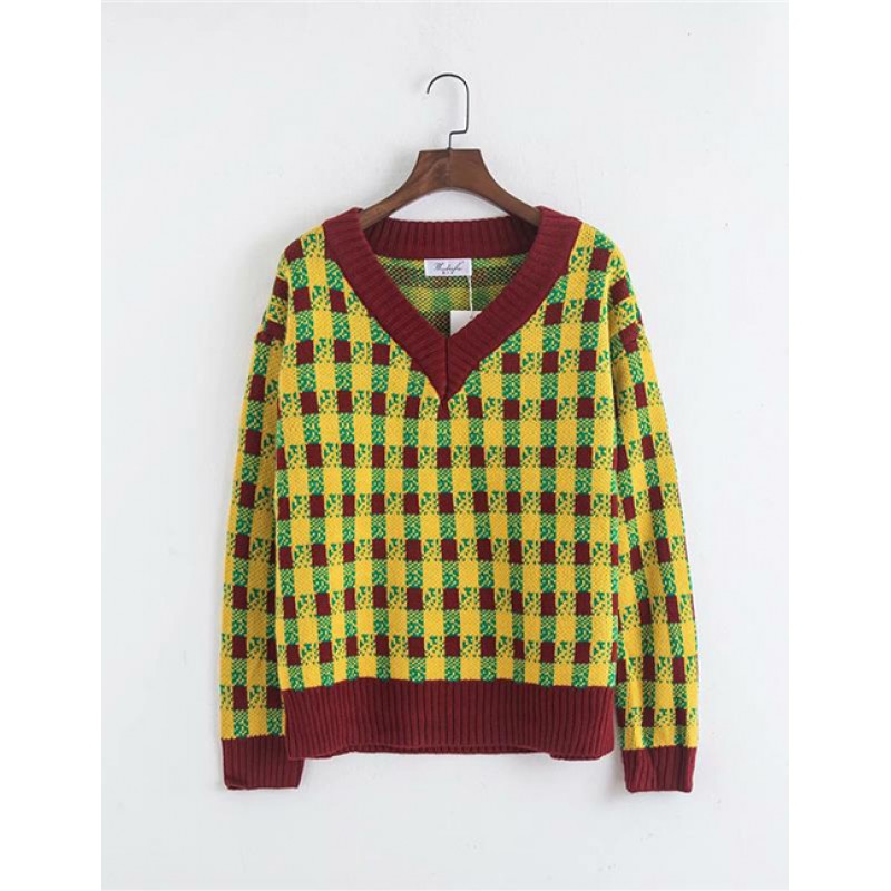 Fashion Multi-color V Neckline Design Sweater